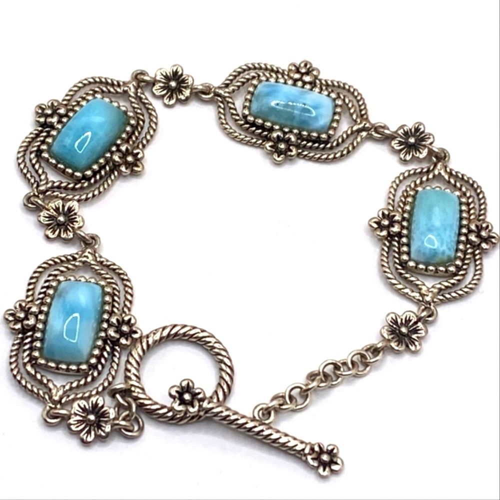 Designer 925 Sterling Silver Larimar Balinese Floral Panel Toggle Bracelet